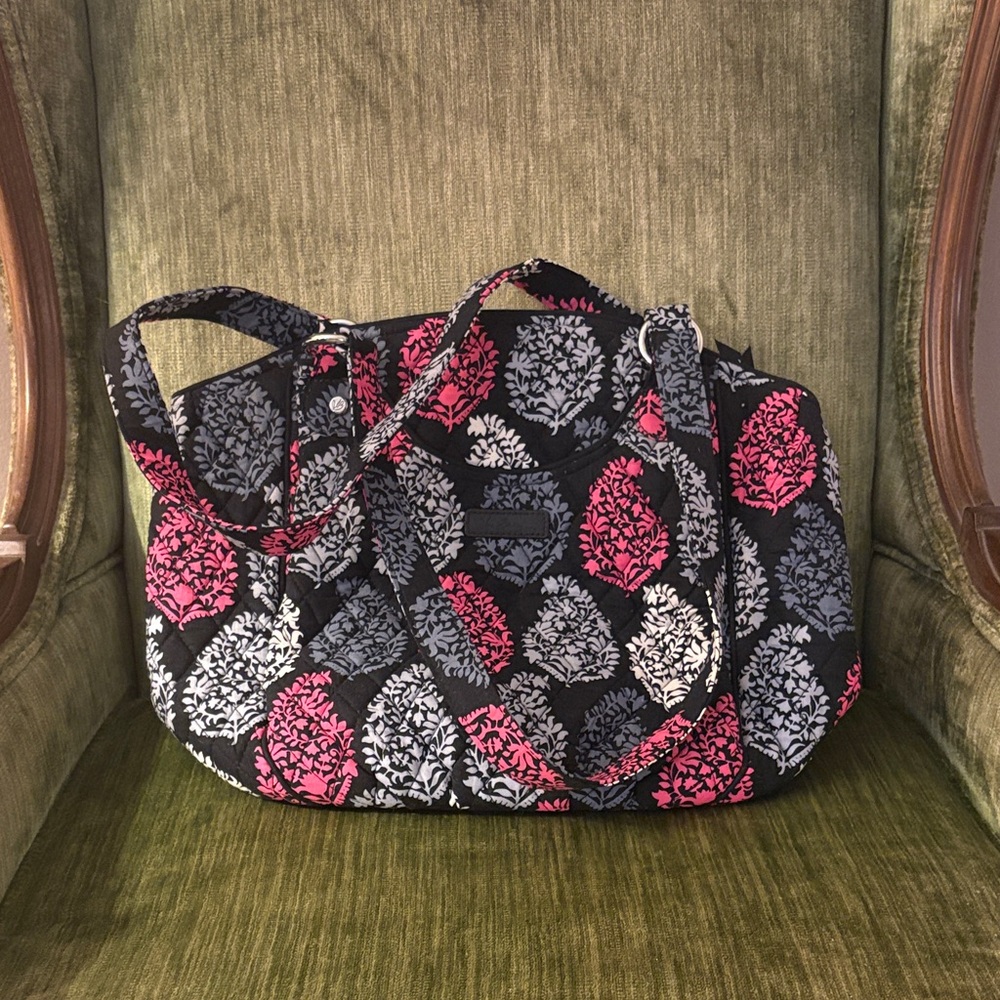 Vera Bradley Quilted Black Floral Tote Bag with Pink & Gray Accents